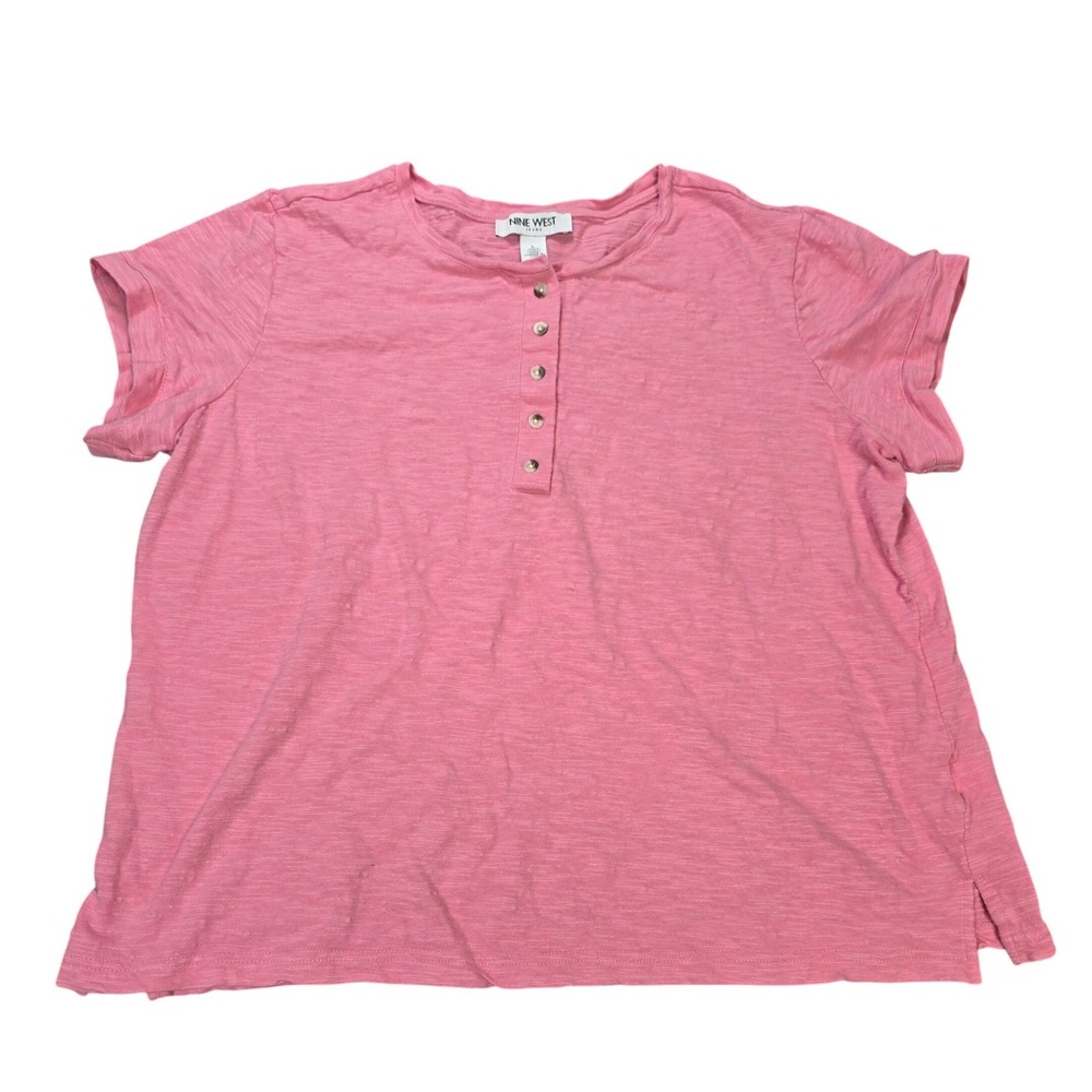 Nine West Jeans Cotton Slub Henley T Shirt Women's Size L Pink Short‎ Sleeve